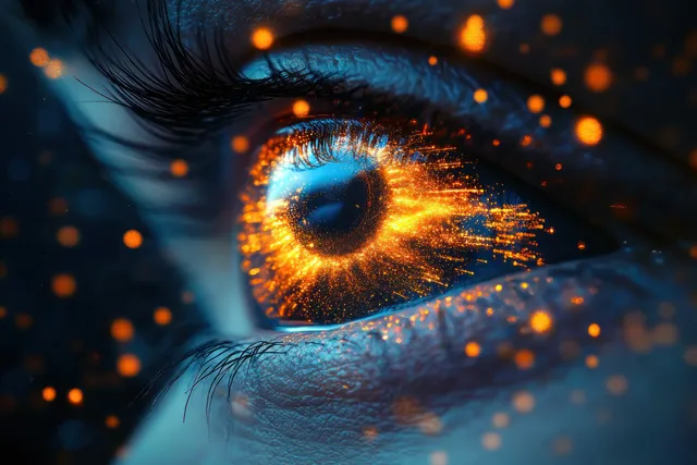 Close-up of a human eye with glowing orange digital particles lighting the iris and eyelash tips.