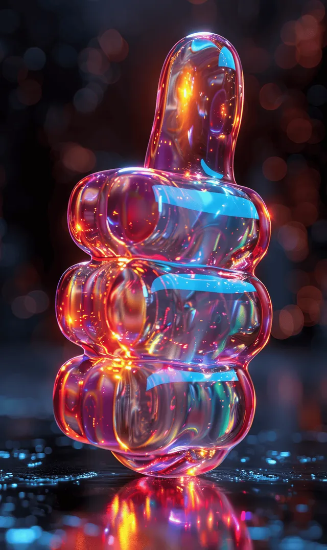 Colorful glass humanoid sculpture glowing with reflections and bokeh lights