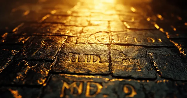 Close-up of a weathered stone slab with carved Greek letters under warm golden light and dark shadows.
