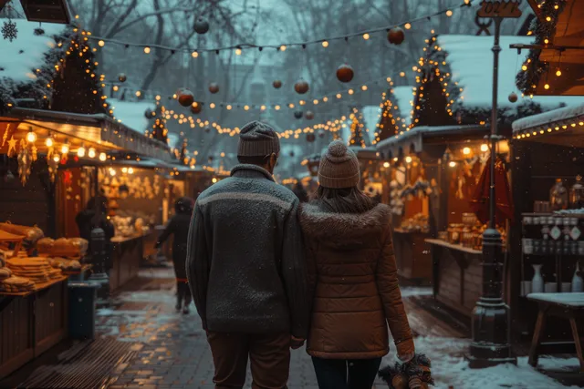 A couple walks through a snowy Christmas market at night beneath glowing string lights and decorated stalls.