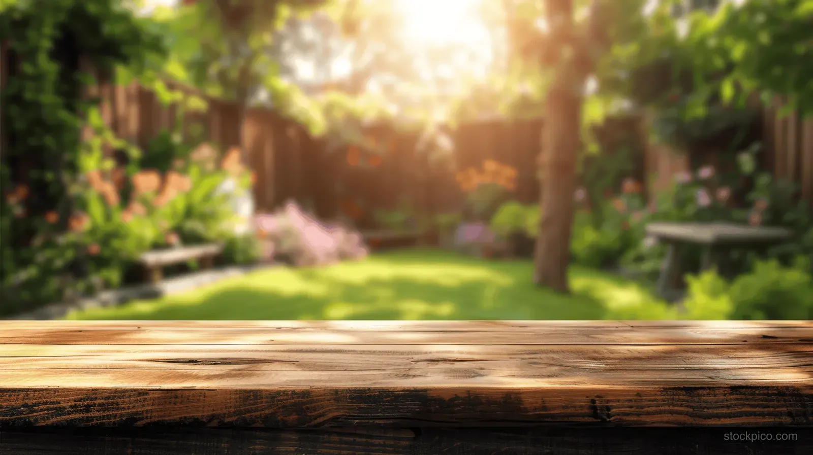 Sunlit backyard garden patio with a weathered wooden table edge and dense green foliage in the background.