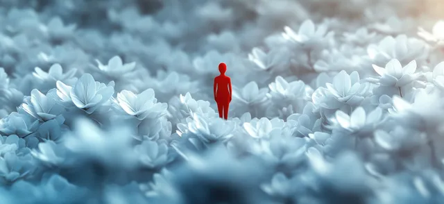A lone red figure stands centered among pale flower petals in a soft, blurred background.
