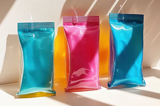 Three glossy blue and pink pouches stand upright on a white surface with soft shadows from sunlight.
