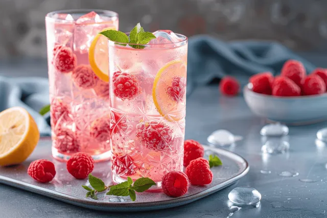 A refreshing glass of raspberry lemonade with ice, mint leaves, and citrus slices on a stylish table setting.