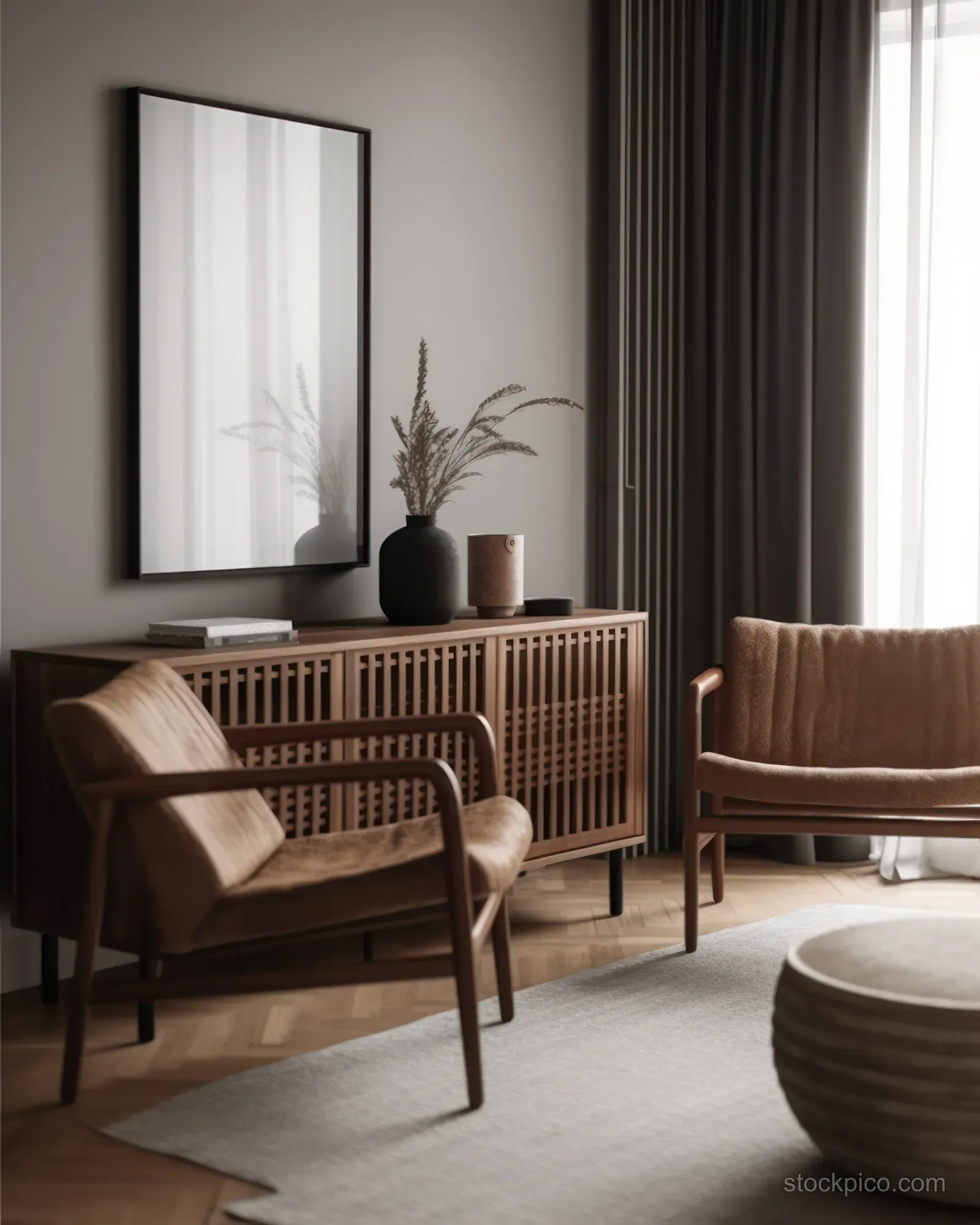 A mid-century modern living room corner shows woven leather chairs, a wooden sideboard, and warm neutral curtains.