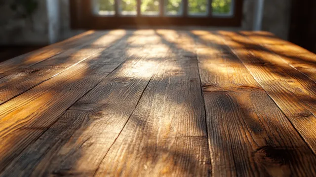 Aged wooden tabletop texture with sunlit grain lines and soft window shadows