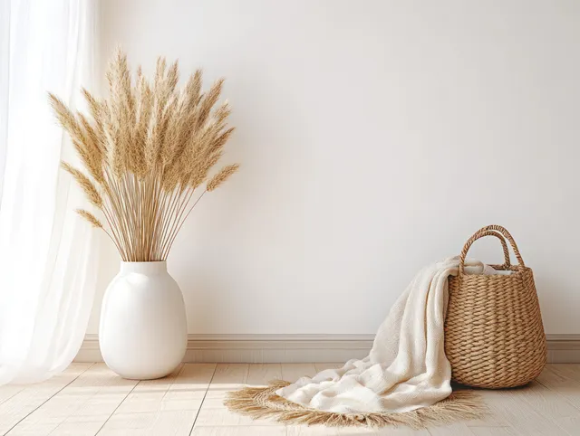 Pampas grass in a white vase, a woven basket, and a draped blanket on a light wooden floor against a blank wall.