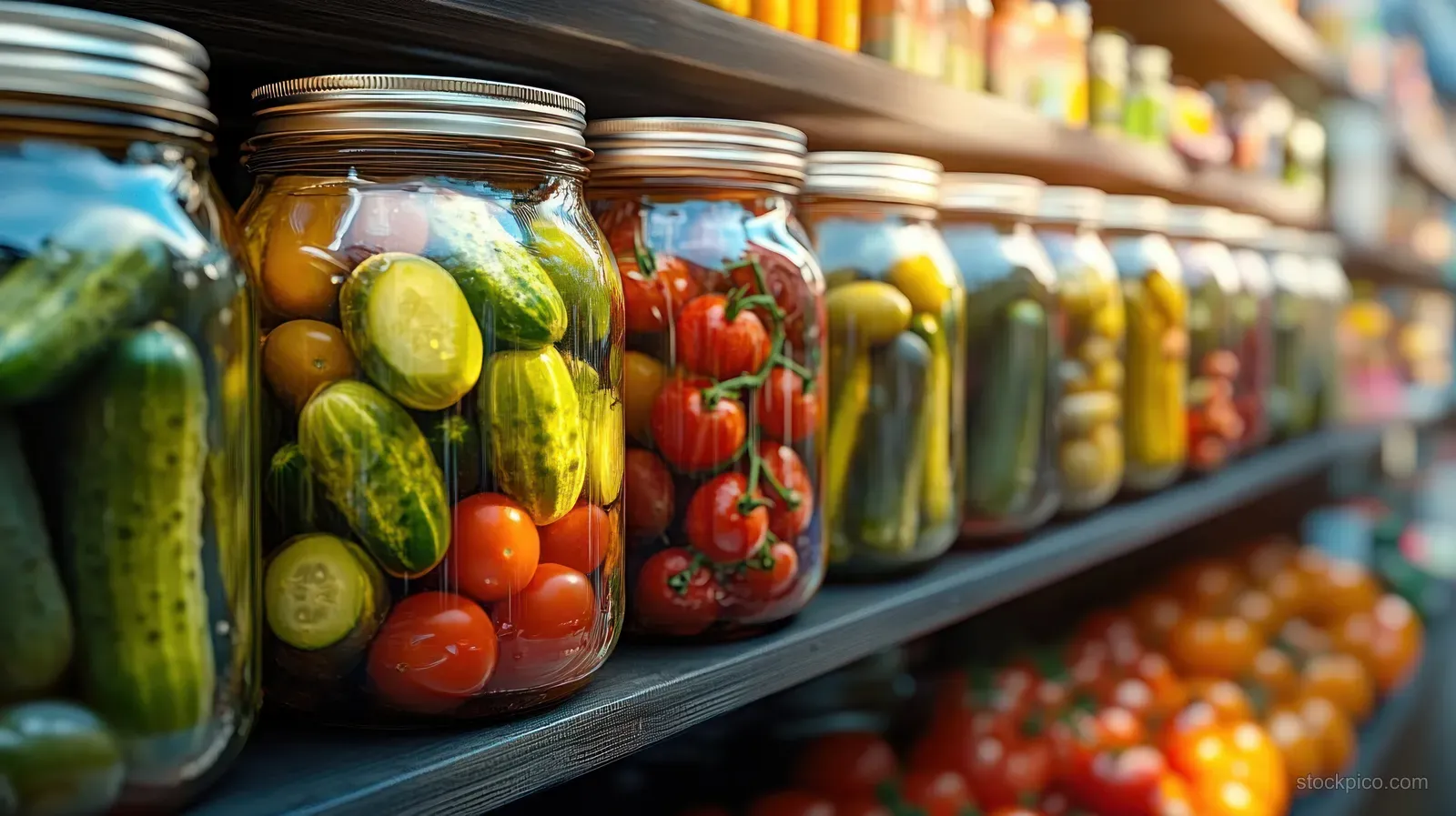 Jars of pickled cucumbers and cherry tomatoes line a wooden pantry shelf under bright light.