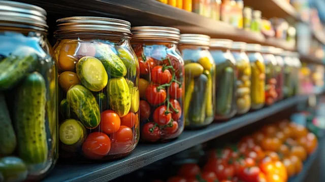 Jars of pickled cucumbers and cherry tomatoes line a wooden pantry shelf under bright light.