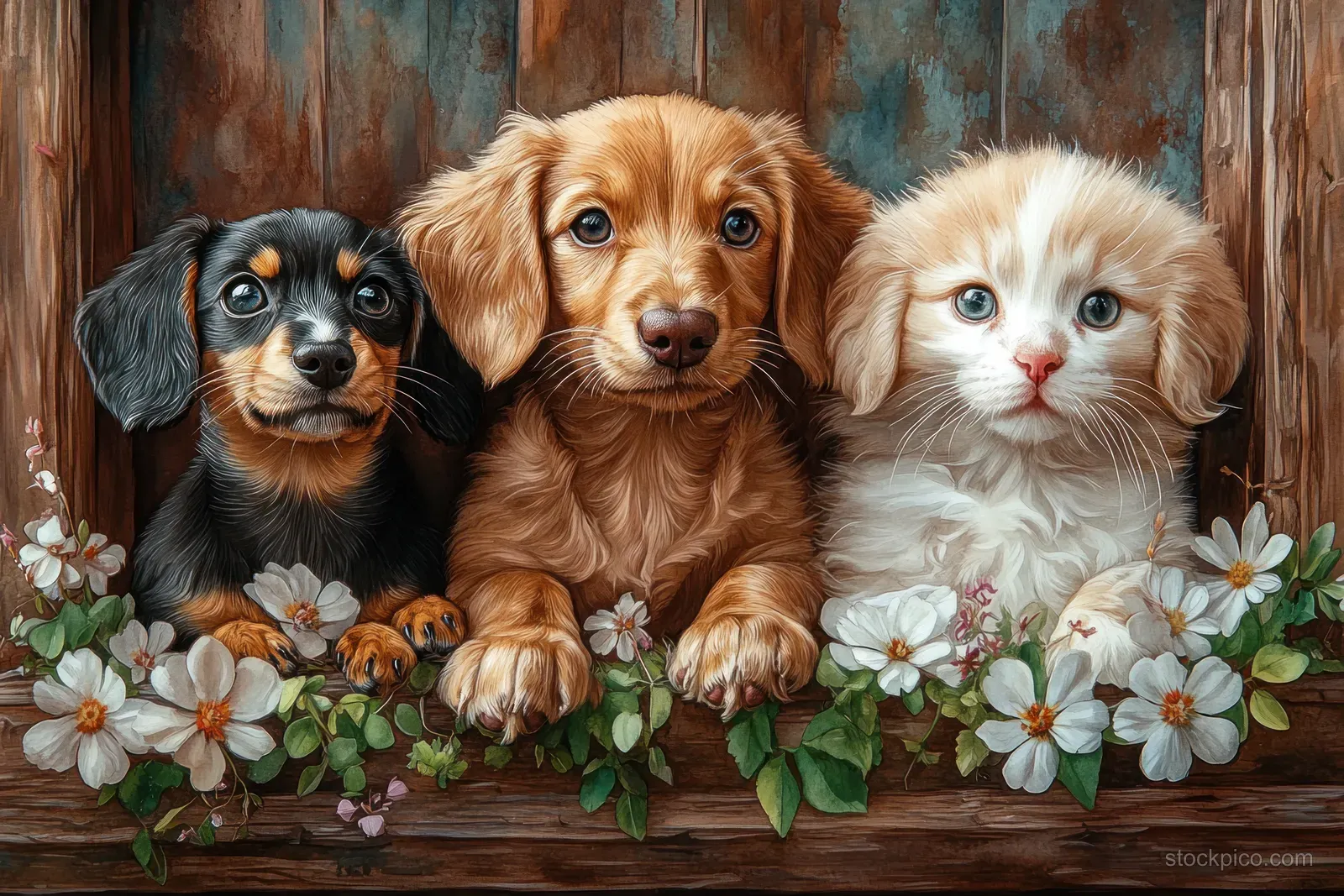 A watercolor-style dachshund, golden retriever puppy, and fluffy kitten peek over a wooden ledge with spring flowers.