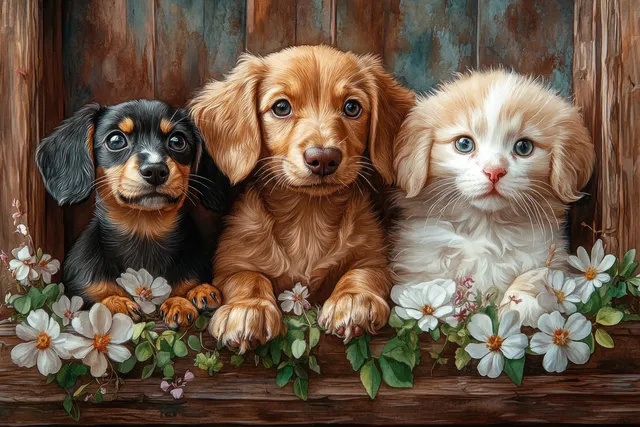Watercolor-style puppies and kitten peeking from rustic wooden boards with spring blossoms