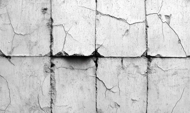 Close-up of a gray concrete wall with square panels and prominent cracks and wear marks.