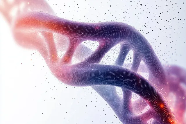 A glowing digital DNA helix appears above a hand silhouette with wireframe lines and floating particles.