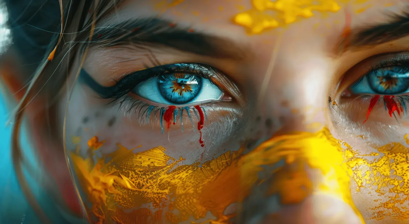 Close-up of a German soccer fan girl with national face paint cheering, mouth open and tears streaking from emotion.