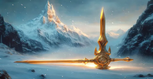 Golden Shiva trident with a radiant glow stands on snow beside majestic mountains at twilight.