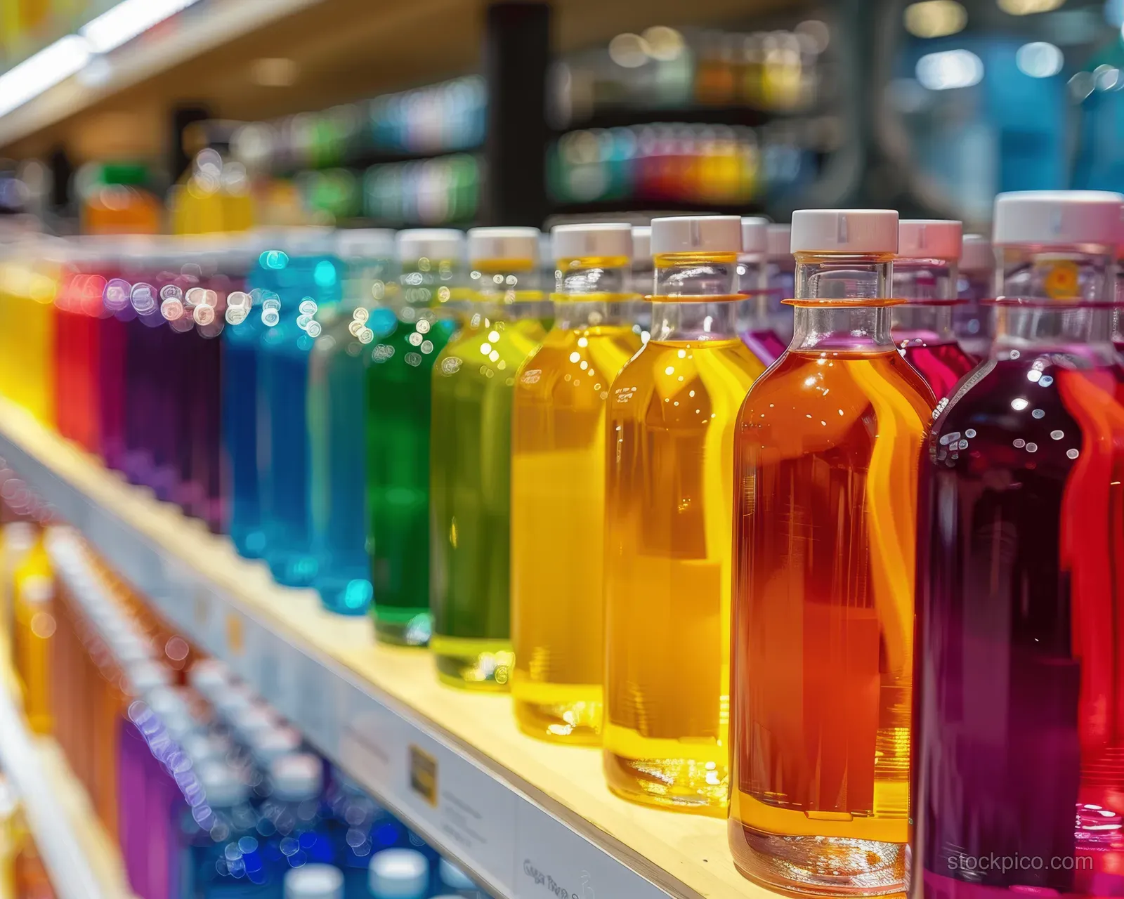 Colorful liquid bottles are displayed on a store shelf with glossy reflections and visible labels.