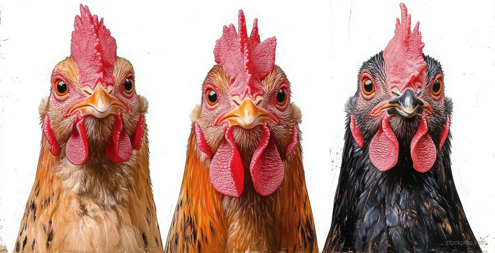 Three chickens with red combs and varied feather colors look toward the camera in close-up on a white background.