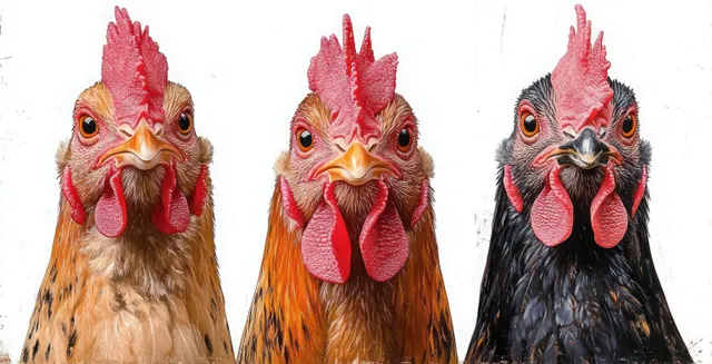 Three chickens with red combs and varied feather colors look toward the camera in close-up on a white background.