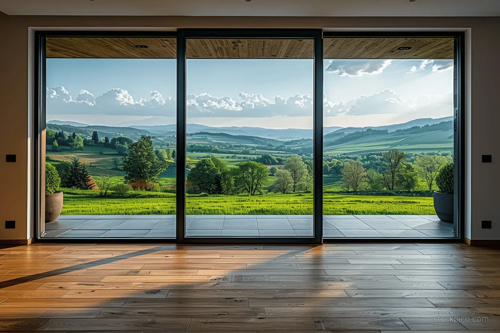 Empty modern room with wooden floor and wide glass doors showing a bright green valley and distant hills outside.