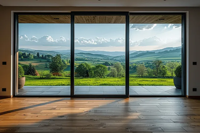 Empty modern room with wooden floor and wide glass doors showing a bright green valley and distant hills outside.
