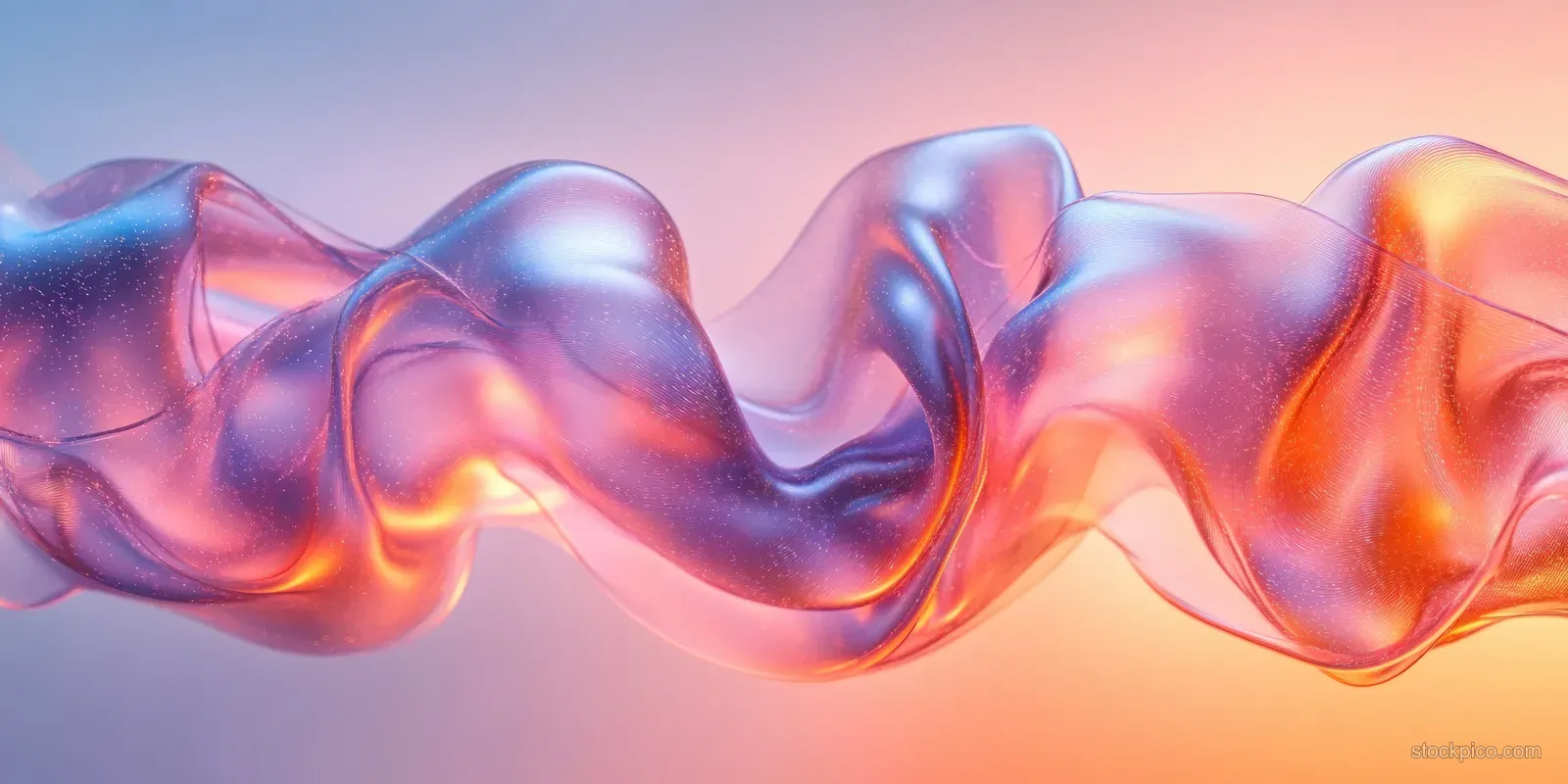 Reflective ribbon-like waves curve through a soft pastel gradient background in a minimal abstract 3D composition.