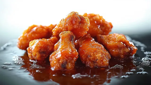 Crispy chicken wings glistening with spicy orange glaze on a dark, reflective surface