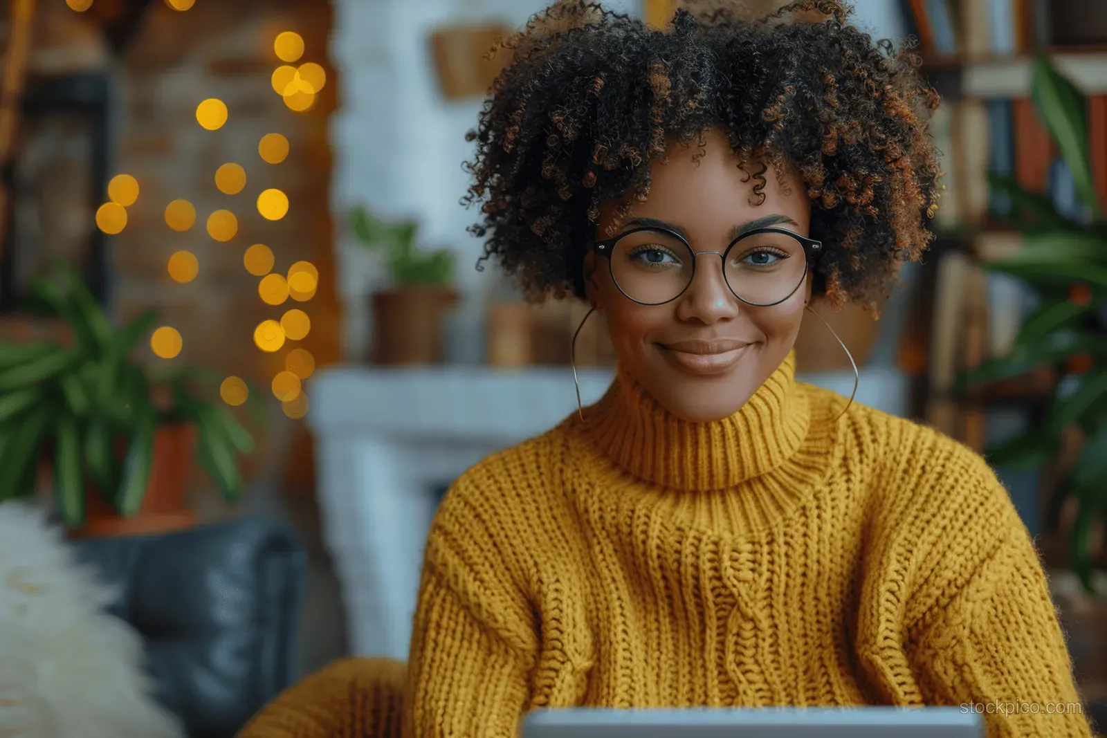 Smiling woman in a yellow sweater using a laptop at a cozy home desk.