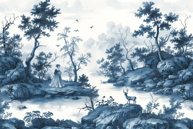 Blue and white toile de Jouy landscape shows deer, trees, rocks, and small figures in a Garden of Eden scene.