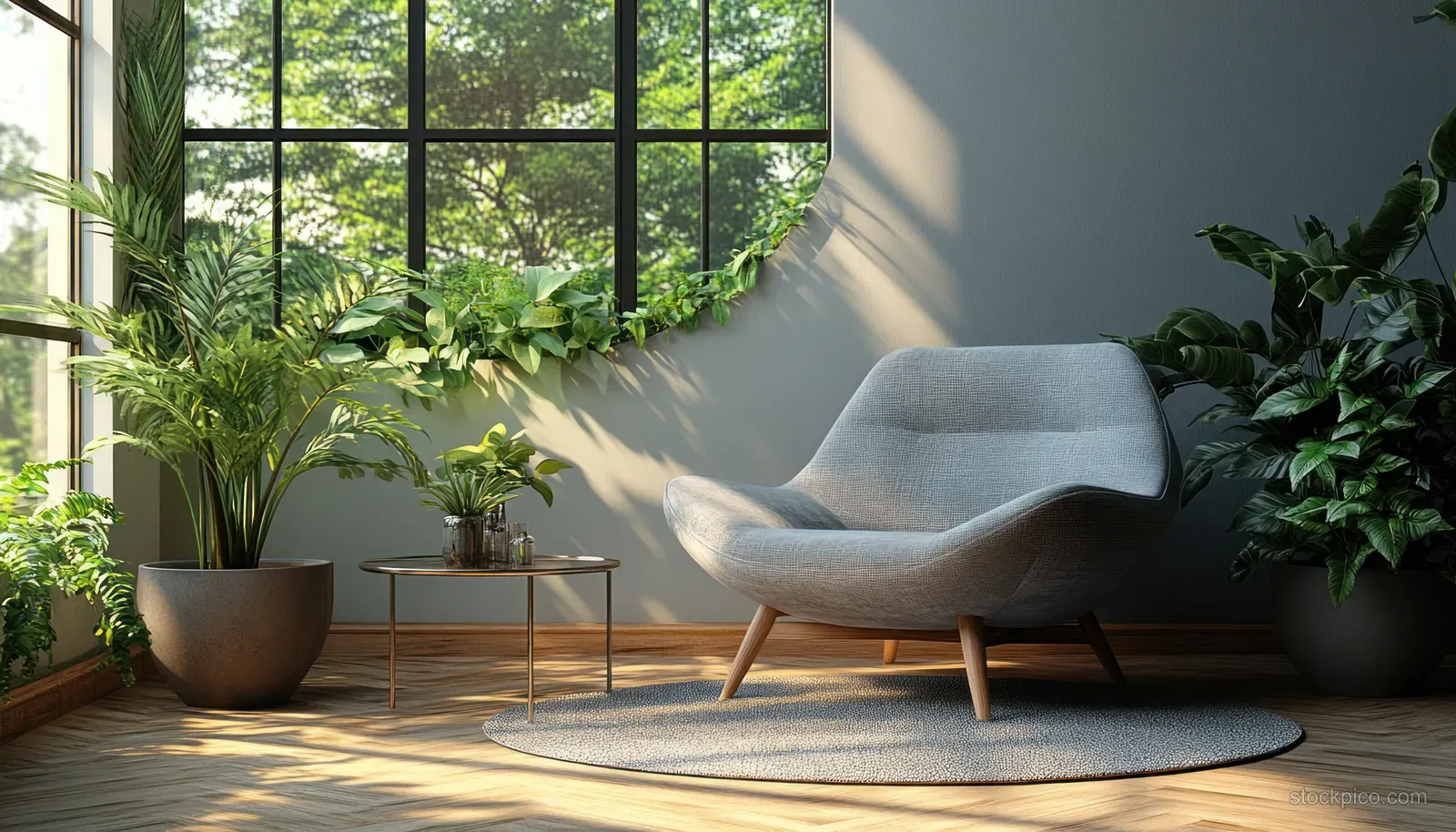 Gray armchair and glass coffee table in a sunlit living room with potted plants by a window.