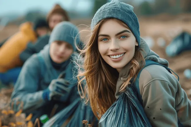 Young volunteer smiling outdoors with a recycling bag while teammates pick up litter in a park.