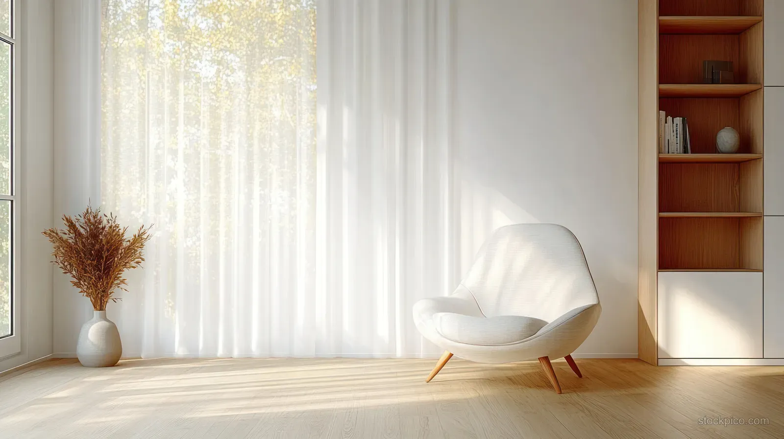 A curved white chair sits on a wooden floor in a minimalist living room near sheer curtains and a sunlit window.