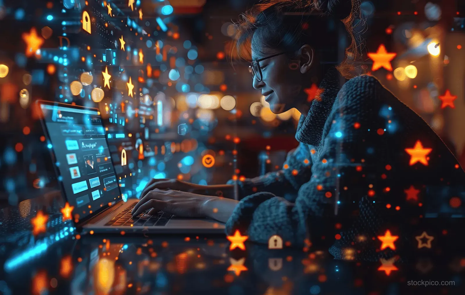 A person using a laptop with a customer satisfaction survey dashboard and floating star rating icons.