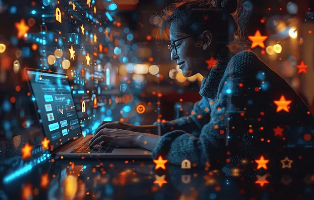 A person using a laptop with a customer satisfaction survey dashboard and floating star rating icons.