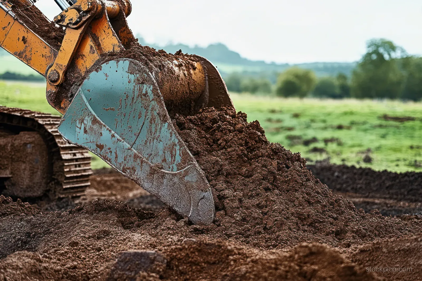 Excavator bucket lifts a load of rich brown soil in a green rural field under a clear sky.
