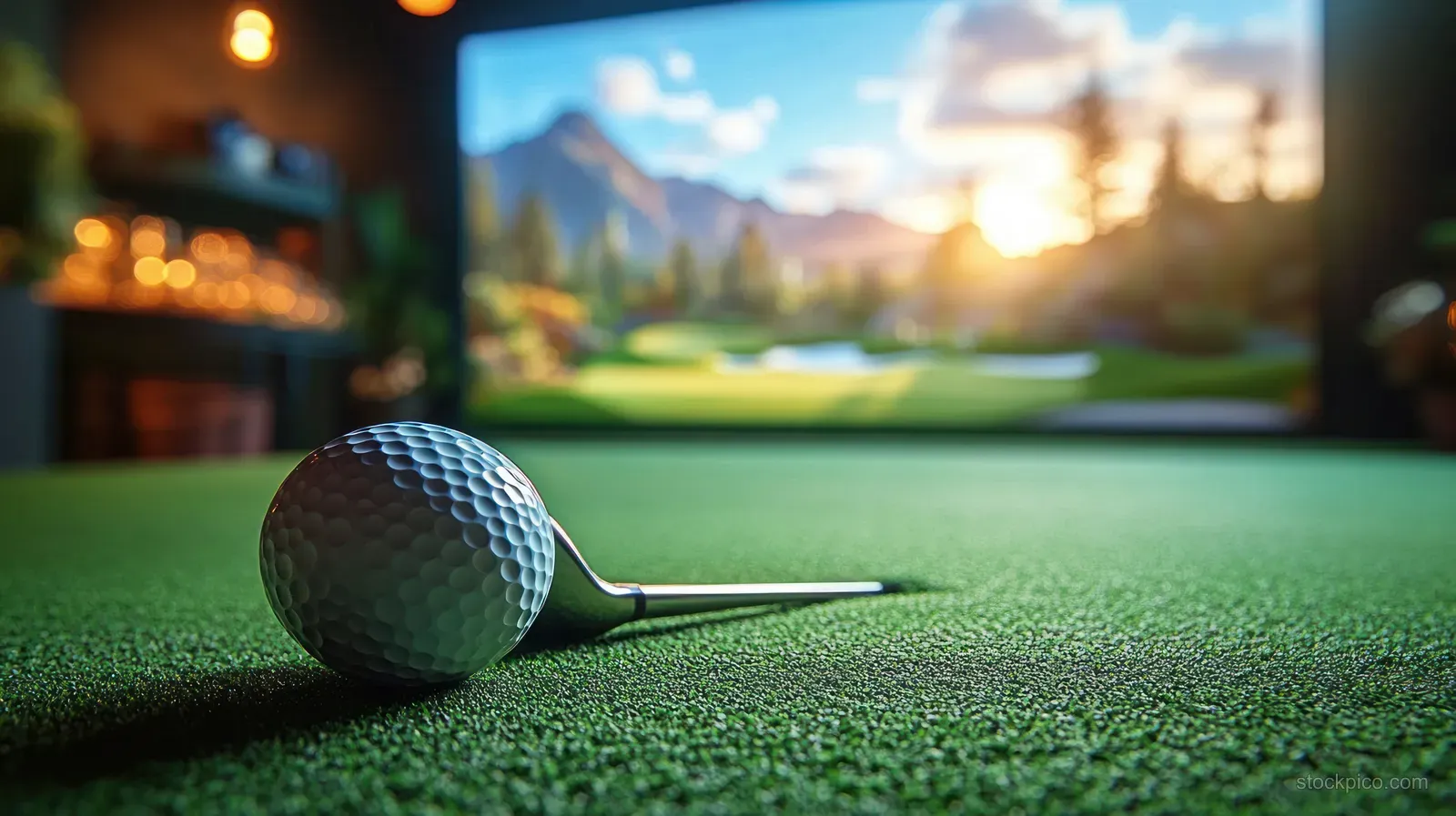 Golf ball and club on artificial turf with a blurred indoor golf simulator screen showing a sunny mountain course.