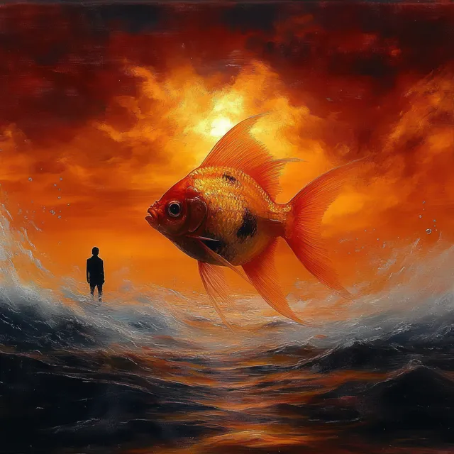A giant goldfish swims over turbulent ocean waves as a lone silhouetted person stands on the shore beneath a fiery orange sunset.
