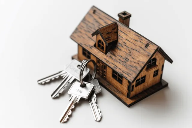 Wooden house model and metal house keys placed together on a white background.