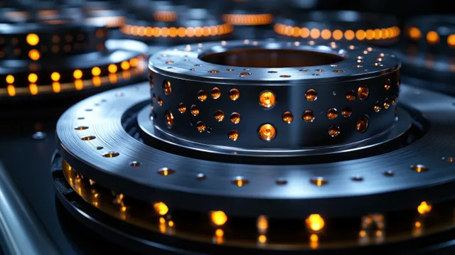Macro view of ventilated brake disc and glowing brake pads on dark mechanical surface