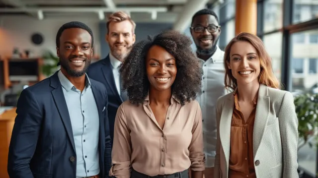 Multicultural business team smiling together in a bright office, standing in a line