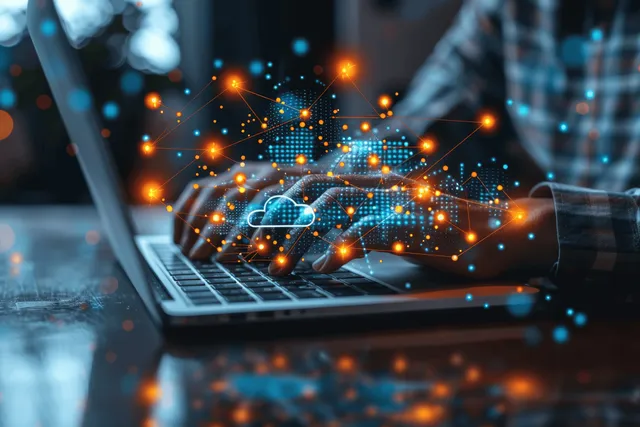 Glowing network nodes around a laptop screen showing cloud security and encrypted data flow