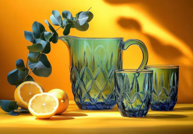 Blue patterned pitcher and two glasses with fresh lemons and eucalyptus leaves on a bright yellow surface.