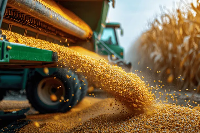 Golden corn kernels pour from a harvester chute into a trailer on a sunny rural field with dust in the air.
