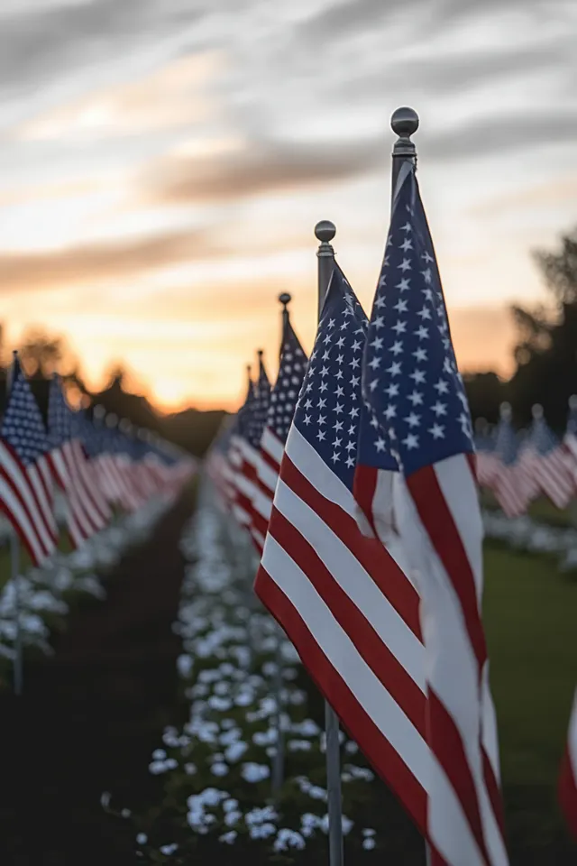 Rows of American flags with flagpoles and white flowers line a pathway at sunset under cloudy skies.