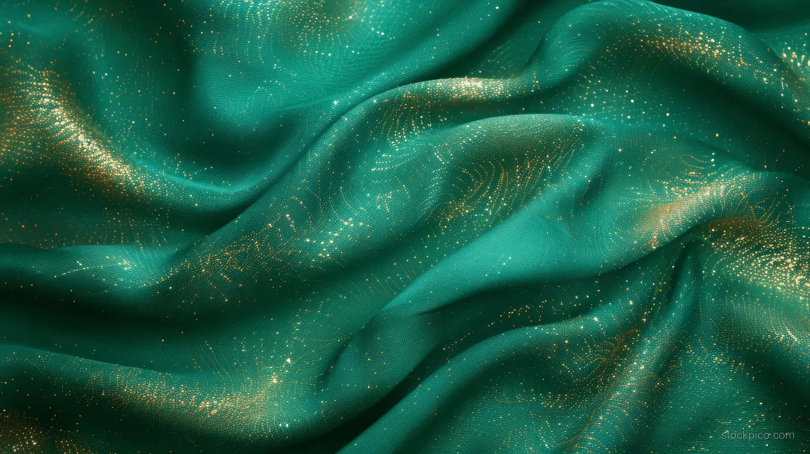 Emerald green fabric waves with golden glitter sparkles across a dark turquoise glowing background.