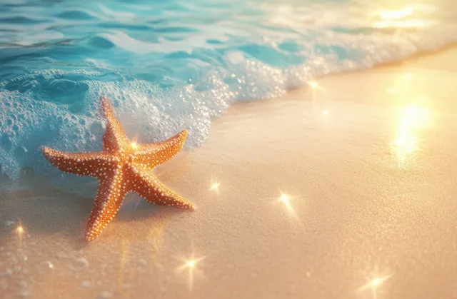 An orange starfish lies on wet sand near gentle ocean waves with sparkling sun reflections.