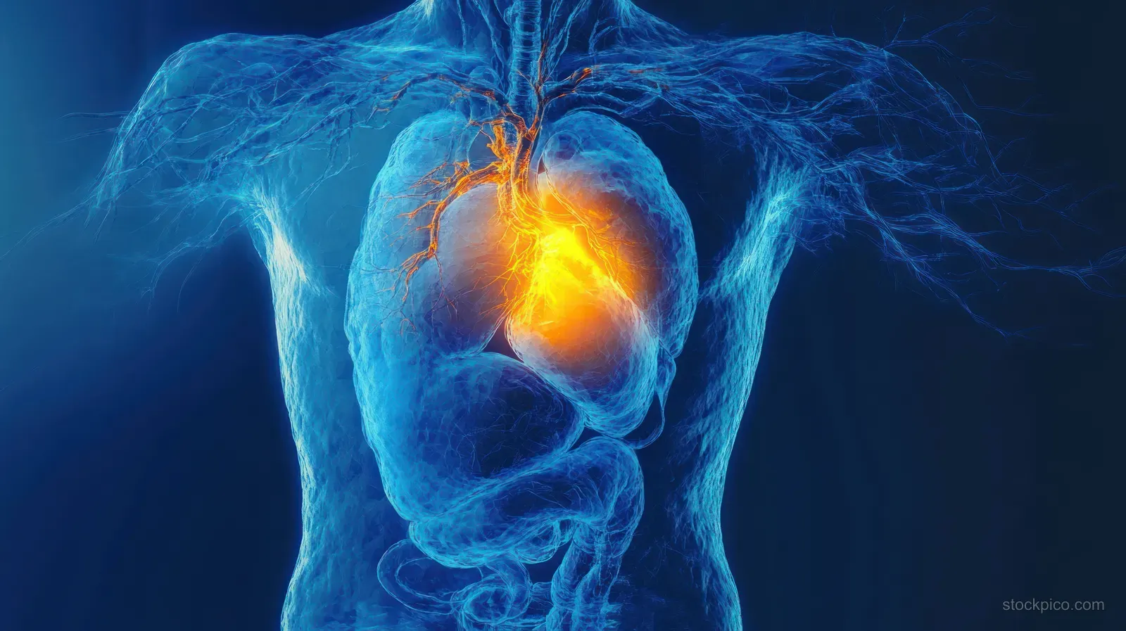 Transparent blue torso with an orange glowing heart and branching blood vessels visible inside the chest.