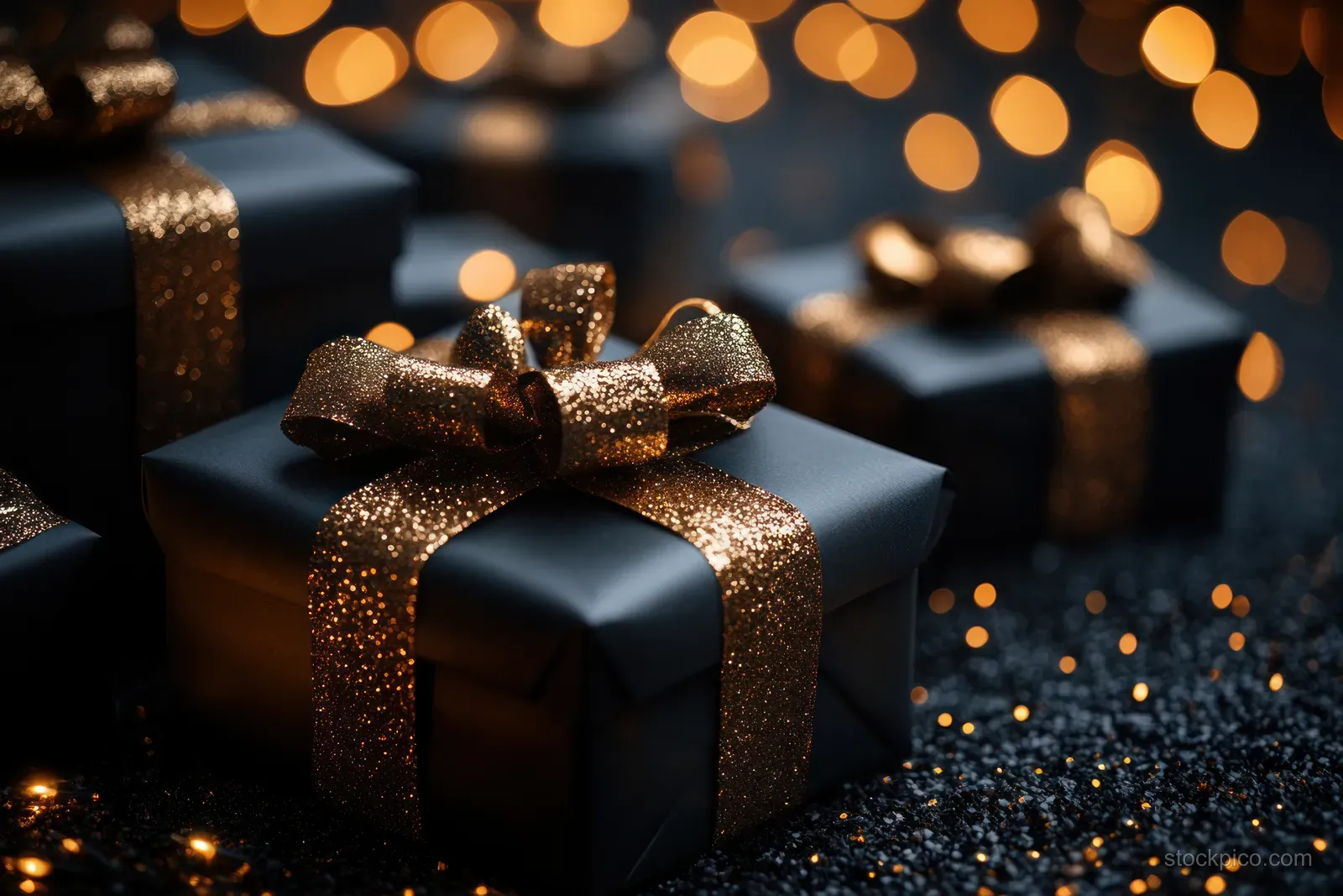 Black gift box with a glittery gold bow on a dark table with warm bokeh lights in the background.