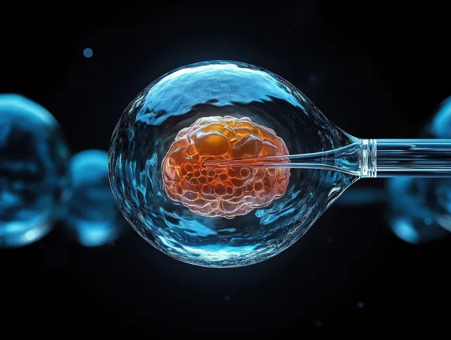 A glass pipette touches a transparent cell containing an orange nucleus.