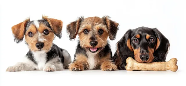 Three small dogs lie side by side on a white background, one dog holding a large bone toy.