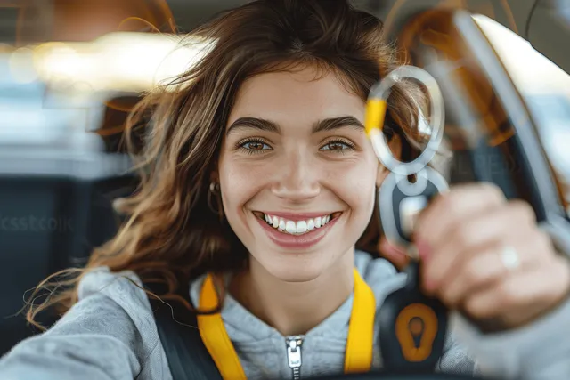 Smiling woman in a car holds a new key while the steering wheel and blurred street lights appear behind her.